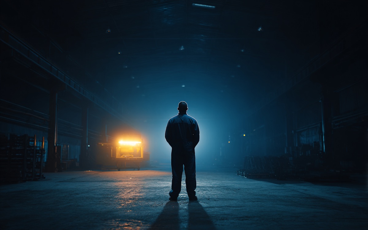 Silhouette d'une personne de dos face à une installation dans une halle industrielle