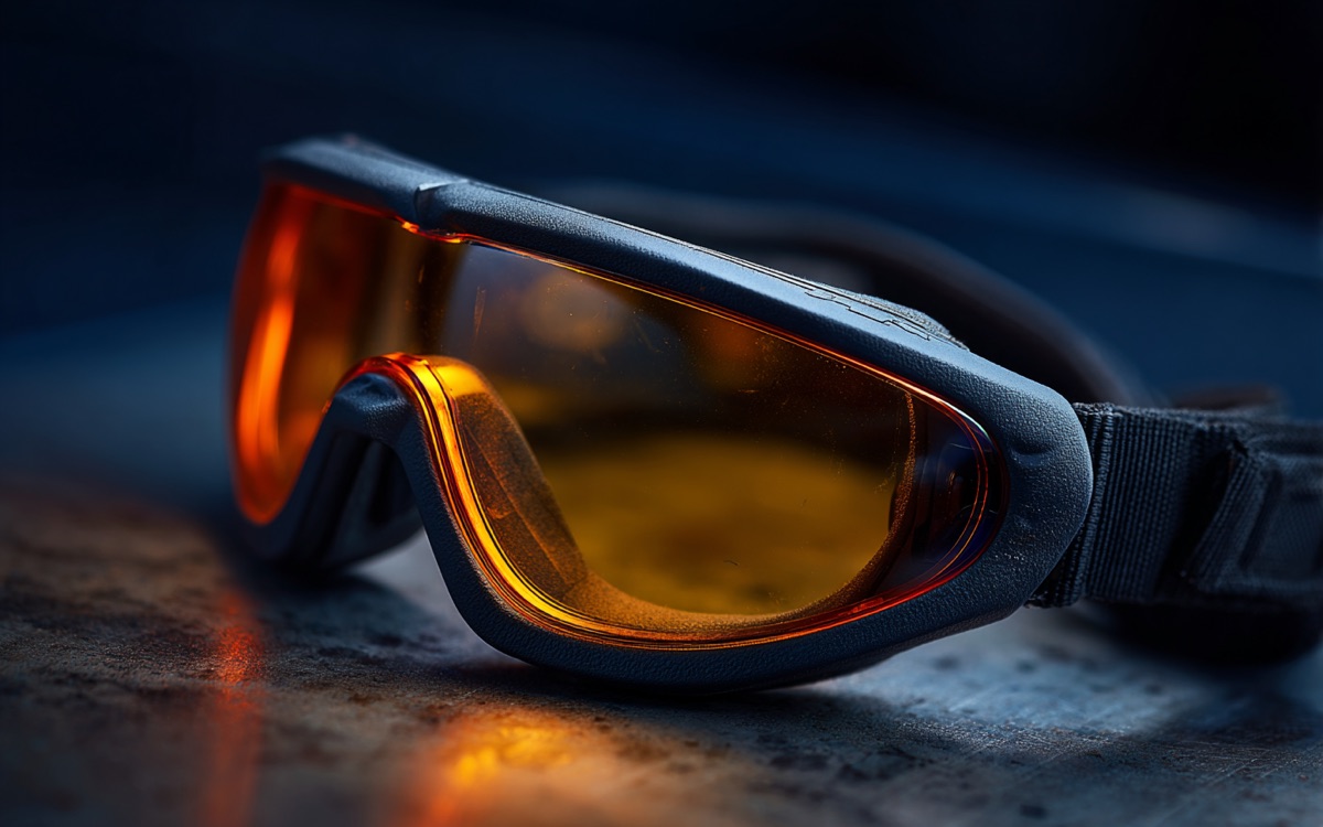 Gros plan de lunettes de protection laser à filtre ambre sur un plan de travail