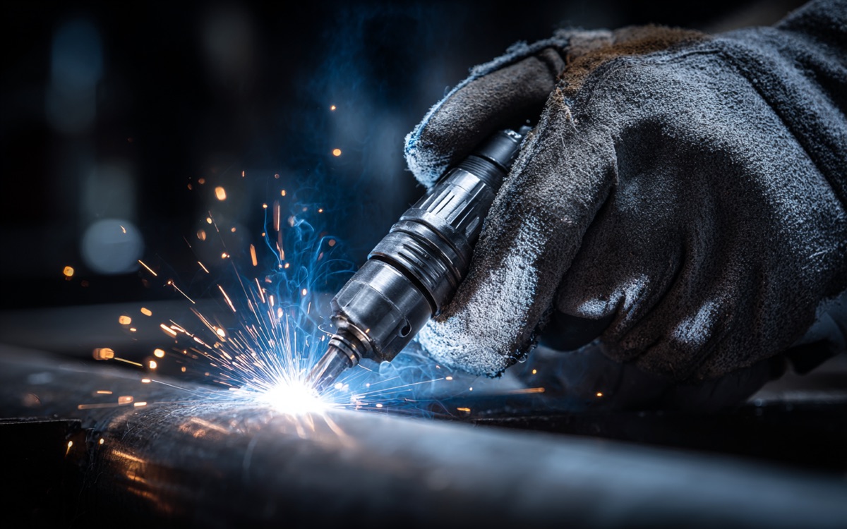 Main gantée tenant une torche de soudage laser, gerbe d'étincelles au point de fusion
