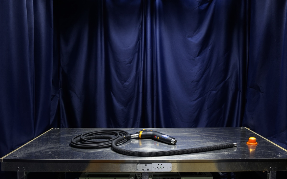 Torche de soudage laser posée inutilisée sur un établi devant un rideau de cabine