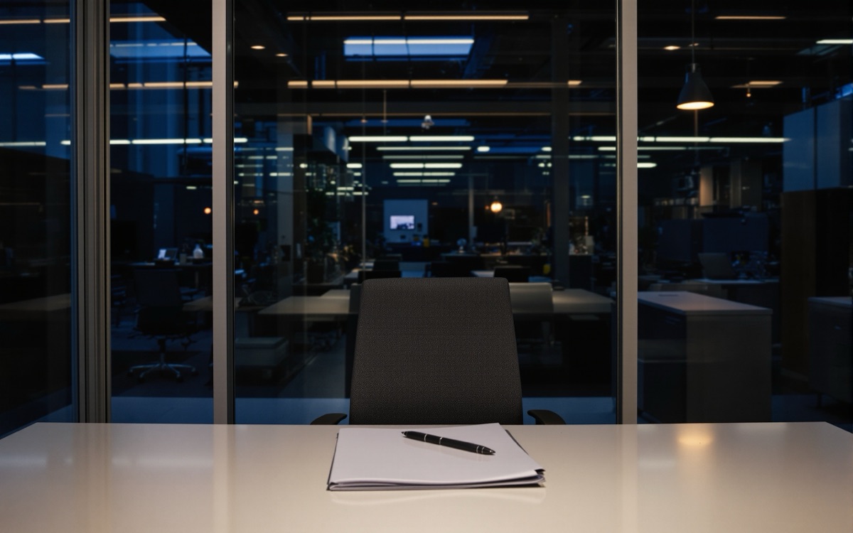 Chaise vide devant un bureau portant un document non signé et un stylo
