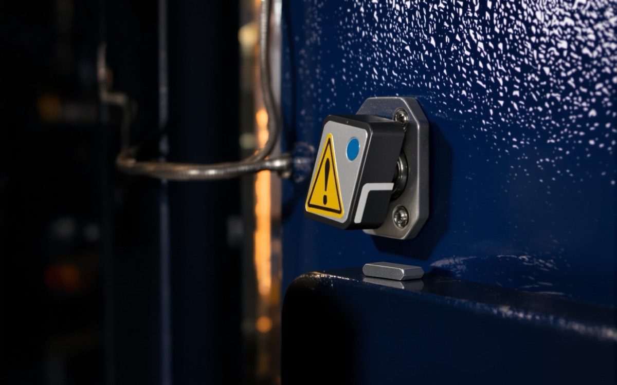 Contact de sécurité sur une porte de machine, aimant posé juste à côté