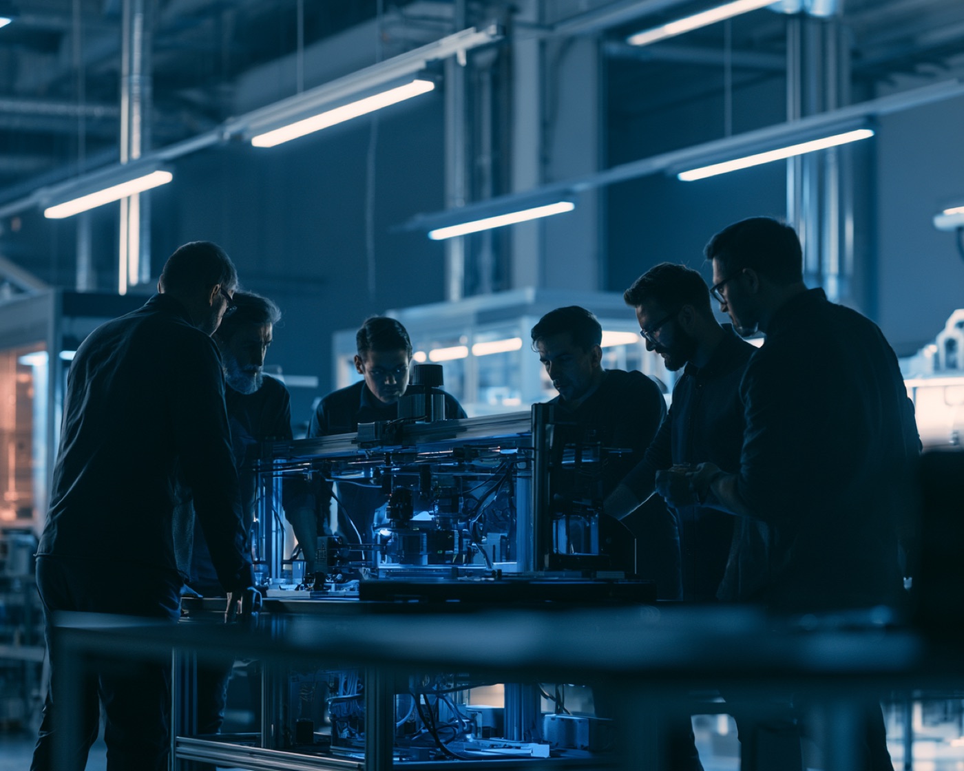 Équipe d'ingénieurs réunie autour d'une installation dans un atelier